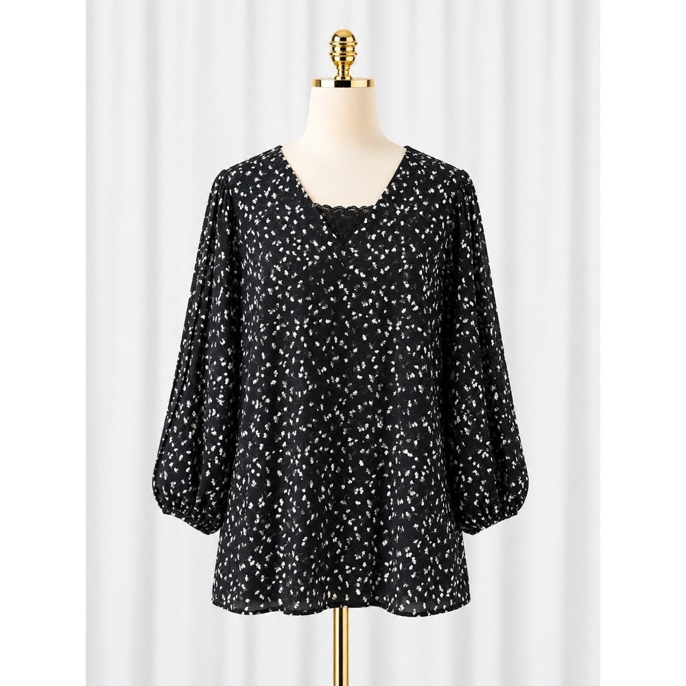 Isaac Mizrahi Woven Crepe Blouse Pleat Detail Womens Size 28W Black Floral Lace
